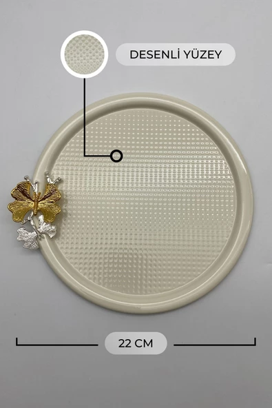 2'li Kelebekli Yuvarlak Krem Çay ve Kahve Sunum Tepsisi, Dekoratif Servis Tepsisi 22cm Tek kişilik - 3