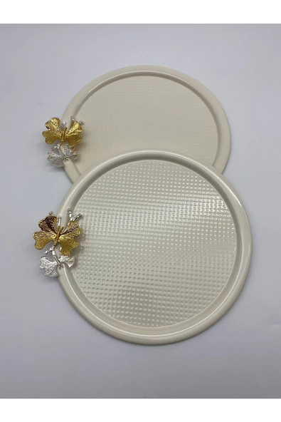 2'li Kelebekli Yuvarlak Krem Çay ve Kahve Sunum Tepsisi, Dekoratif Servis Tepsisi 22cm Tek kişilik - 6