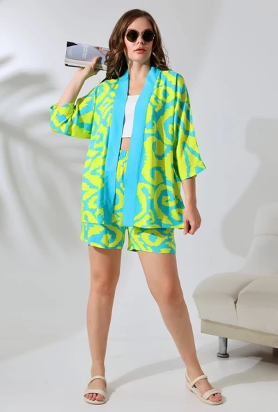 KADIN TURKUAZ SARI KİMONO TAKIM - Resim 2