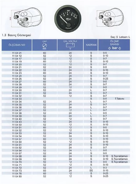 YAG GOSTERGESI 12V 7 BAR 52MM - 1