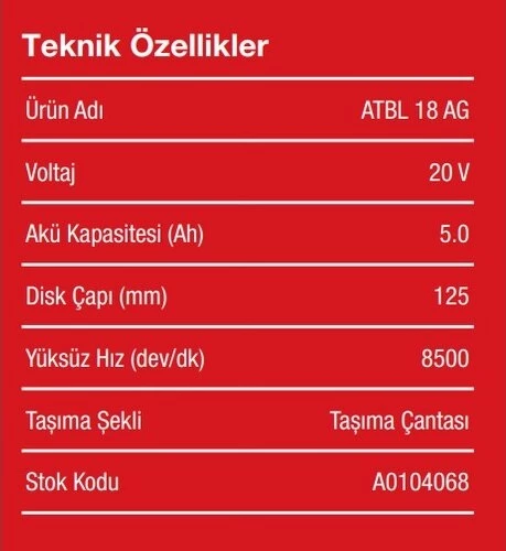 ATTLAS  Pro ATBL 18 AG-502C 20v 5.0 Ah Kömürsüz Akülü Taşlama - A0104068 - 3