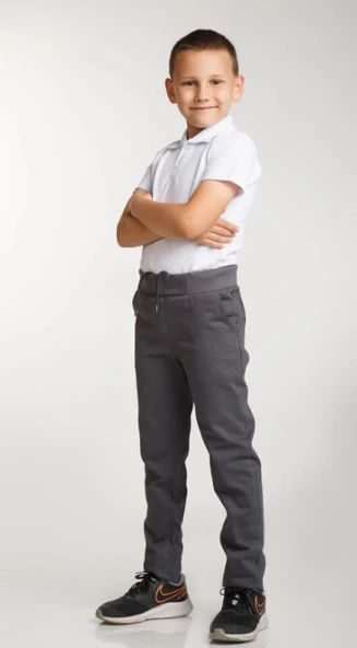 Uğur Böceği Çocuk Unisex Ribana Beli Lastikli Canvas Okul Pantolonu 5-9 Yaş - 5