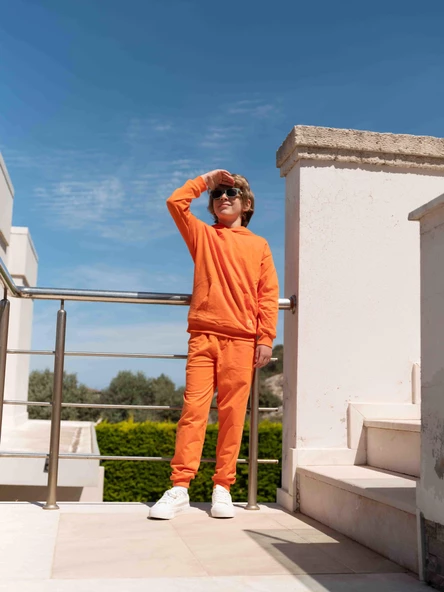 Uthar Turuncu Pamuklu Kapşonlu Çocuk Sweatshirt Jogger 2'li Takım - 3