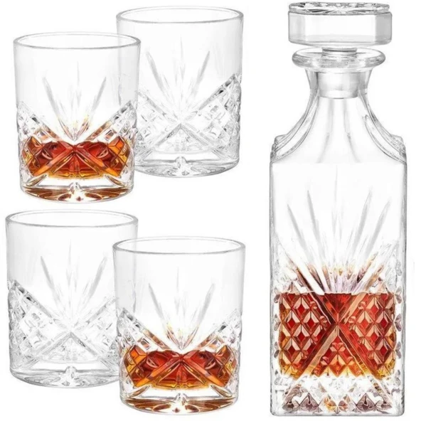 Perlotus Lotus 5 Parça Cam Viski Karafı  ve Viski Bardağı Seti - 7