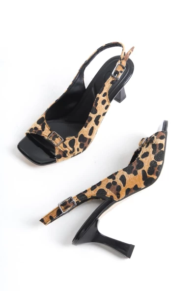 Seashell Leopar Arkası Açık Topuklu Sandalet Tokalı Kadın Ayakkabı - Resim 2