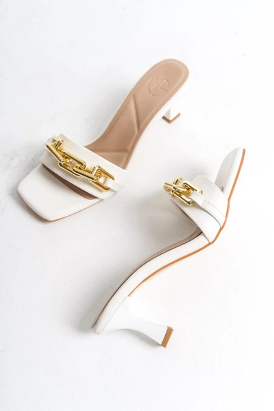 Melina Beyaz Dore Zincir Tokalı Tek Bant İnce Topuklu Abiye Terlik - 2