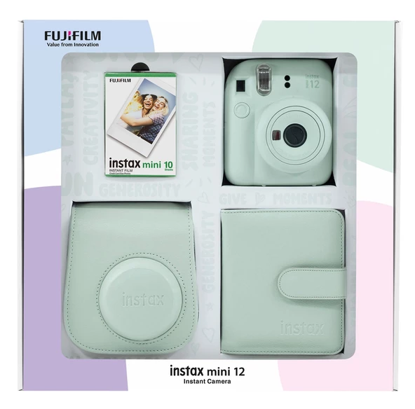 Fujifilm Instax Mini 12 10 Filmli Kare Albüm ve Deri Kılıflı Yeşil Fotoğraf Makinesi Bundle Box