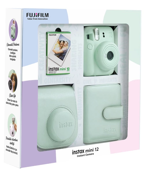 Fujifilm Instax Mini 12 10 Filmli Kare Albüm ve Deri Kılıflı Yeşil Fotoğraf Makinesi Bundle Box - 3