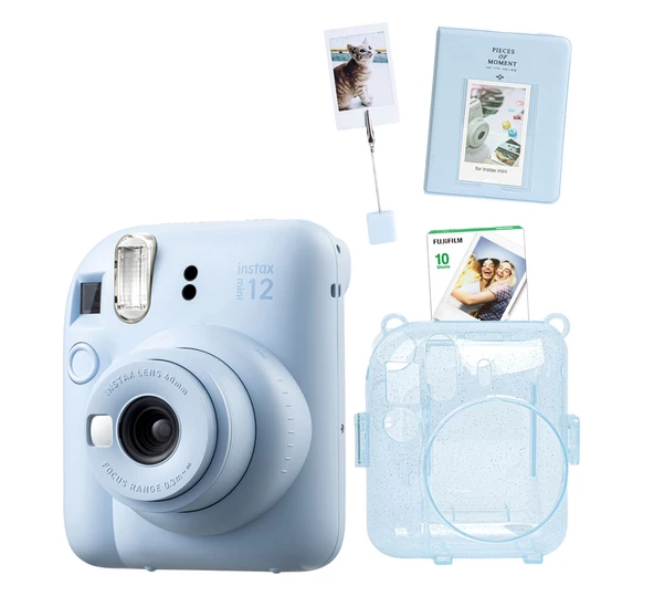 Fujifilm Instax Mini 12 10 Filmli Stand-PVC Albüm ve Simli Pleksi Kılıflı Mavi Fotoğraf Makinesi