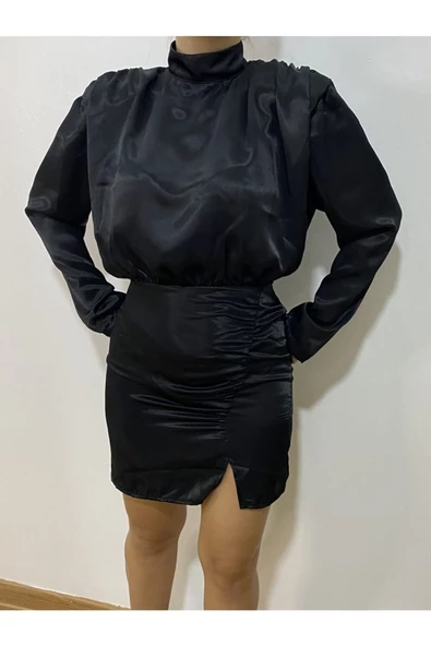 Siyah Saten Mini Elbise