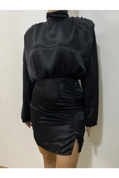 Siyah Saten Mini Elbise - 3