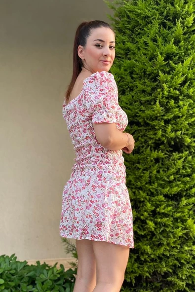 Kadın Çiçek Desenli Elbise Kısa Elbise - 2