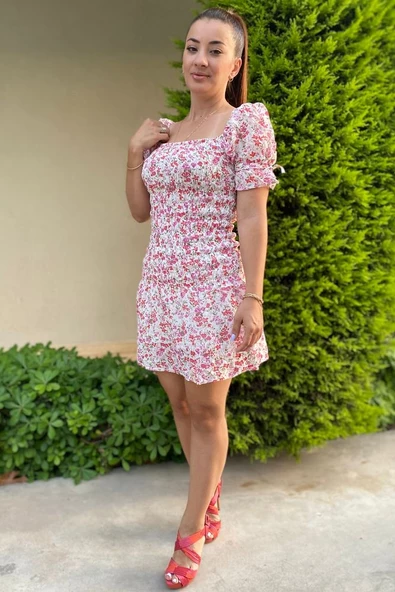 Kadın Çiçek Desenli Elbise Kısa Elbise - 3