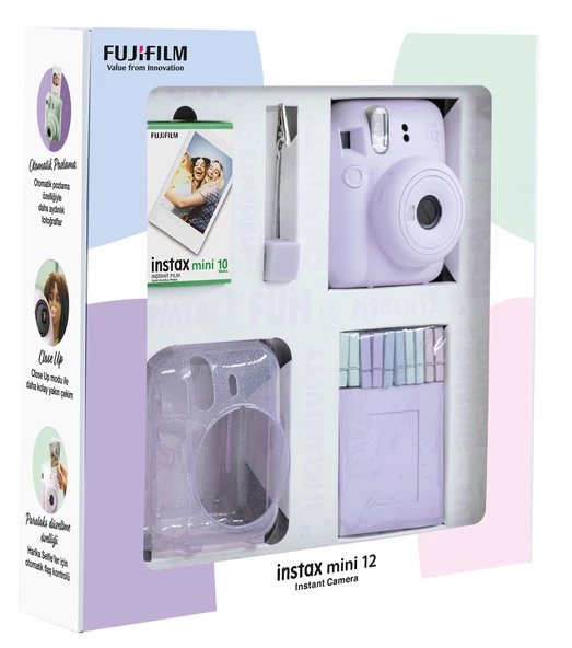 Fujifilm Instax Mini 12 10 Filmli Simli Pleksi Kılıf Mandal Resim Standlı Lila Fotoğraf Makineli - 3