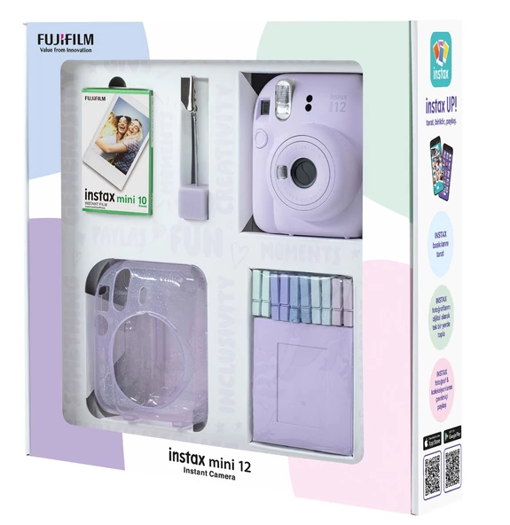Fujifilm Instax Mini 12 10 Filmli Simli Pleksi Kılıf Mandal Resim Standlı Lila Fotoğraf Makineli - 2