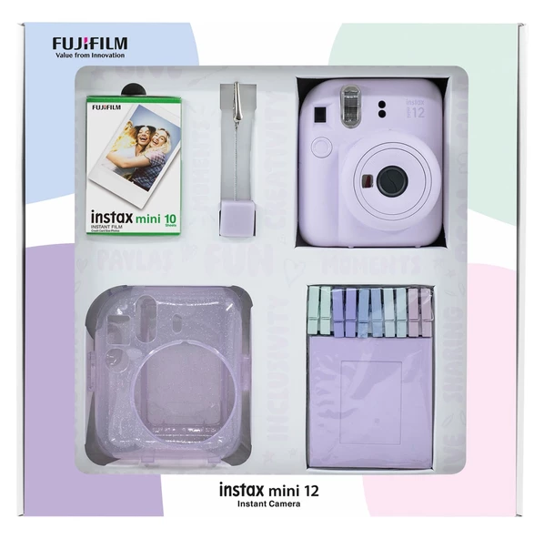 Fujifilm Instax Mini 12 10 Filmli Simli Pleksi Kılıf Mandal Resim Standlı Lila Fotoğraf Makineli