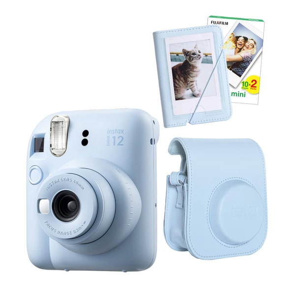 Fujifilm Instax Mini 12 20 Filmli Mini Albüm ve Deri Kılıflı Mavi Fotoğraf Makinesi