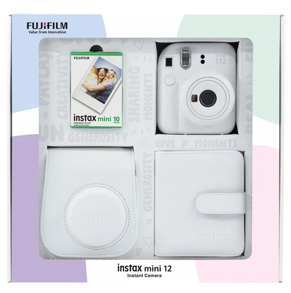 Fujifilm Instax Mini 12 Beyaz Fotoğraf Makinesi 10'lu Film Kare Albüm ve Deri Kılıf