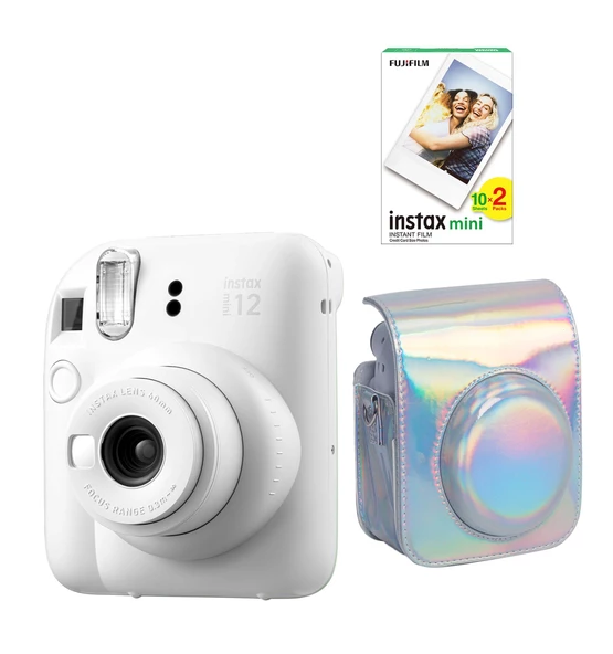 Fujifilm Instax Mini 12 Beyaz Fotoğraf Makinesi 20'li Film ve Parlak Kılıf Seti