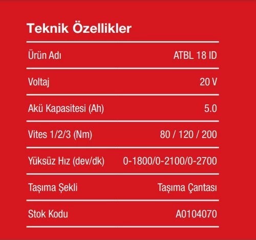 ATTLAS  Pro ATBL 18 ID-502C 20V 5 Ah Akülü Darbeli Vidalama - A0104070 - 3