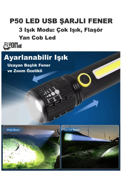 LED USB ŞARJLI FENER HEM ORTAM AYDINLATMALI HEM FENER  ZOOM ÖZELLİKLİ LAMBA 3 MODLU EL FENERİ KUTULU