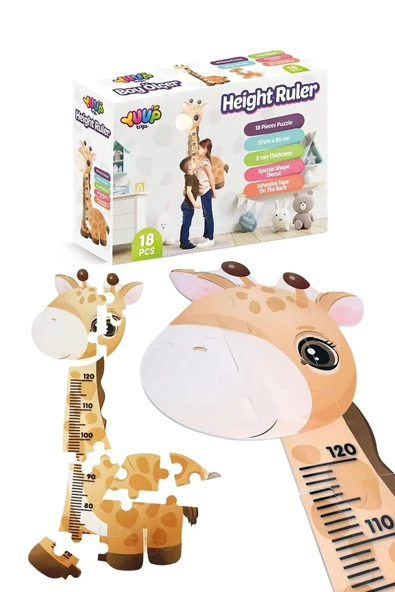 Çocuk Odası İçin Şirin Zürafa Boy Ölçer ve 18 Parça Puzzle - 8