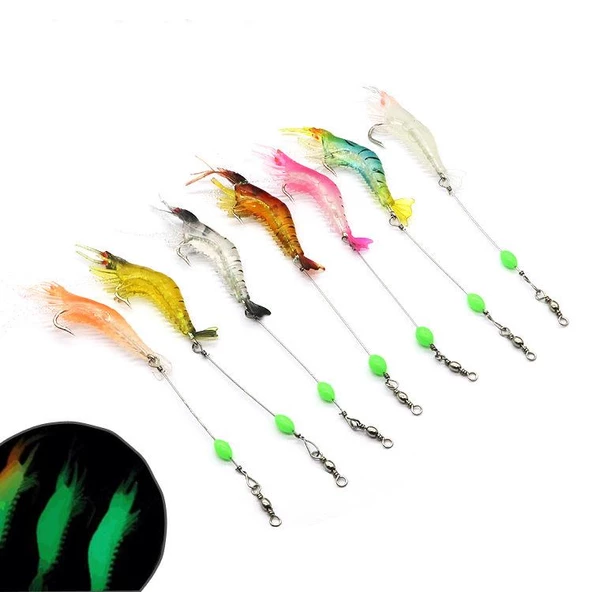 Valkyrie 7 Adet Kancalı Fosforlu Sahte Karides Balık Yemi Silikon 8cm 5gr Yapay Olta Yem Seti - 3