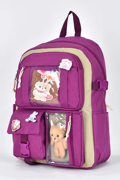 Elatae Ortopedik Lüks Kumaş Çok Gözlü Kız Çocuk İlkokul Sırt Çantası Mor 1480 - Resim 4