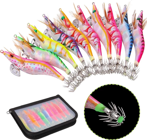 Valkyrie 10 Adet Fosforlu Çantalı Kalamar Zokası 13.3cm 20gr Kumaş Kaplı Kurşunlu Yem Seti BÜYÜK BOY Sübye Ahtapot Kalamar Yemi - 7