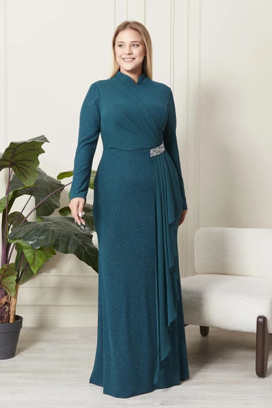 Ferace Kadın Büyük Beden Simli Taş Detaylı Abiye - 11