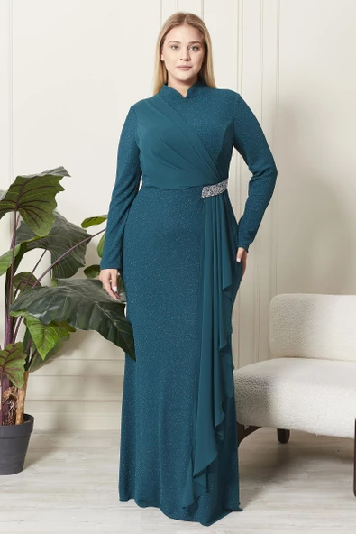 Ferace Kadın Büyük Beden Simli Taş Detaylı Abiye - 9