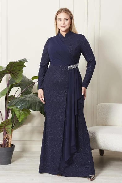 Ferace Kadın Büyük Beden Simli Taş Detaylı Abiye - 4