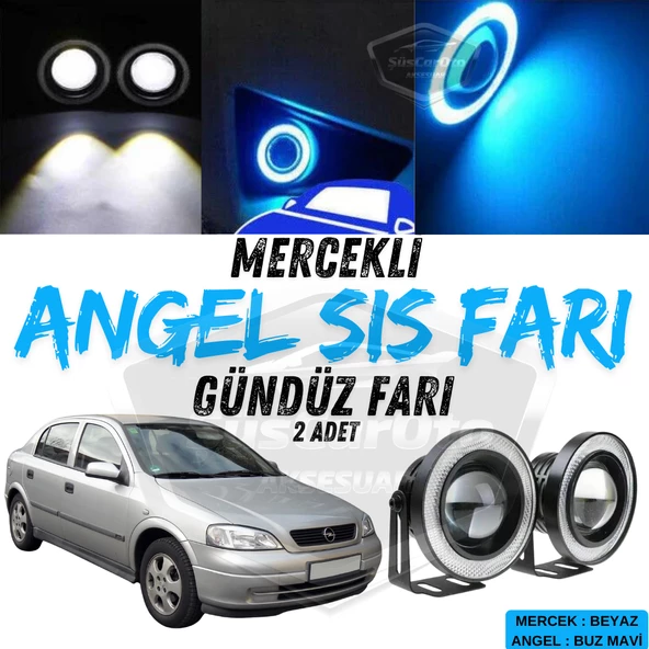 Opel Astra G 1998-2004 Uyumlu Üniversal Mercekli Angel Sis Farı Metal Su Geçirmez 76 mm Buz Mavi Halkalı Gündüz Farı Angel Eyes 2 Adet