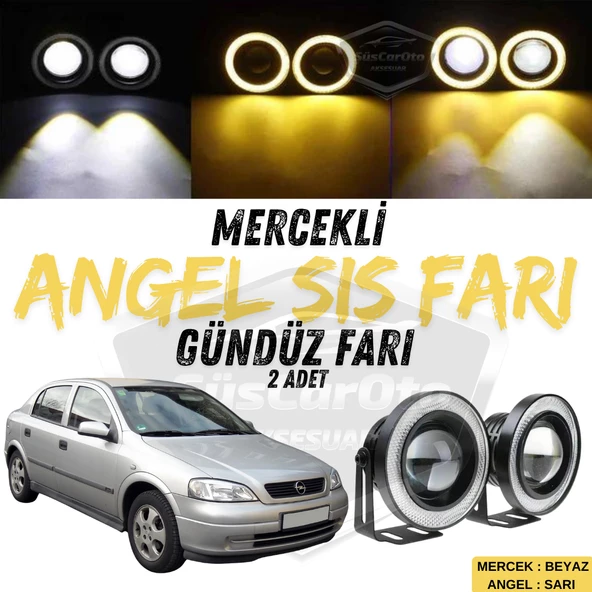Opel Astra G 1998-2004 Uyumlu Üniversal Mercekli Angel Sis Farı Metal Su Geçirmez 76 mm Sarı Halkalı Gündüz Farı Angel Eyes 2 Adet