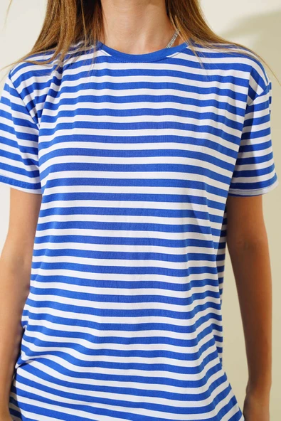 Çizgili Viskon Salaş T-shirt Saks - Resim 4