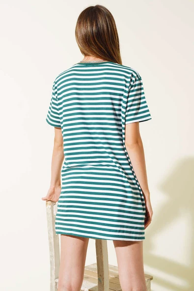 Çizgili Viskon Salaş T-shirt Zümrüt - Resim 3