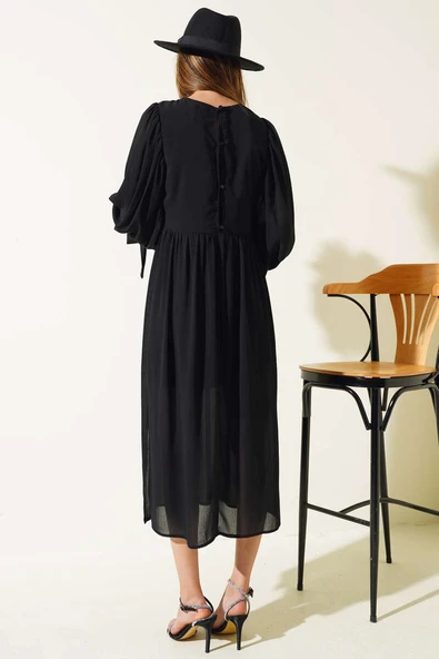 Kol Bağlamalı Tül Elbise Siyah - Resim 3