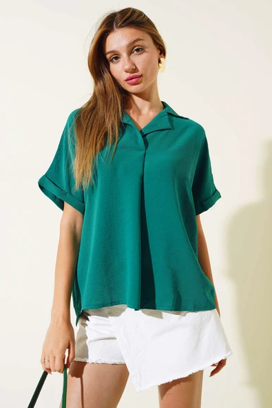 Kruvaze Yaka Kısa Kol Bluz Benetton - Resim 2