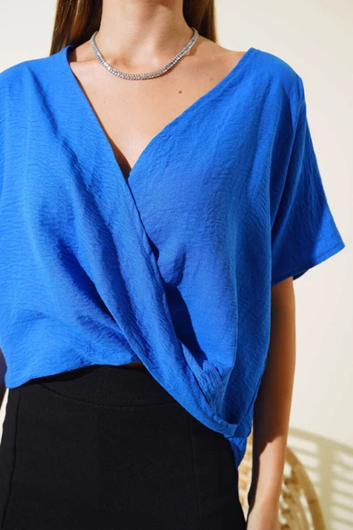 Kruvaze Yaka Salaş Bluz Saks - Resim 4