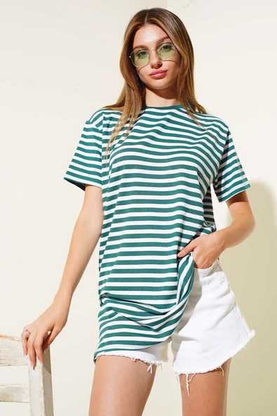Çizgili Viskon Salaş T-shirt Zümrüt - Resim 2