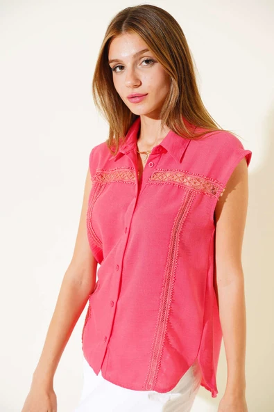Önü Dantel Sıfır Kol Gömlek Fuşya - 2