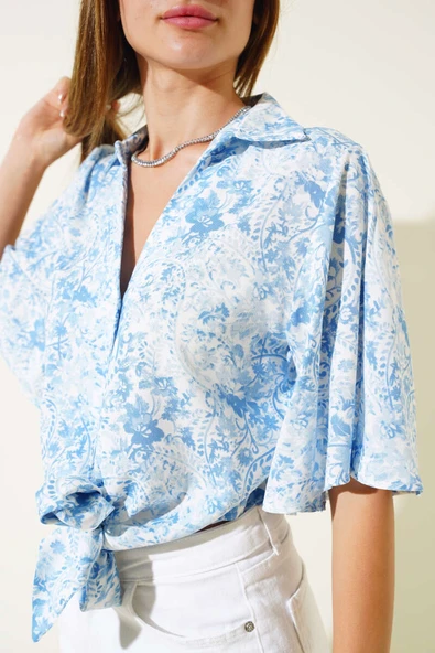 Desenli Önü Bağlamalı Gömlek Mavi - 4
