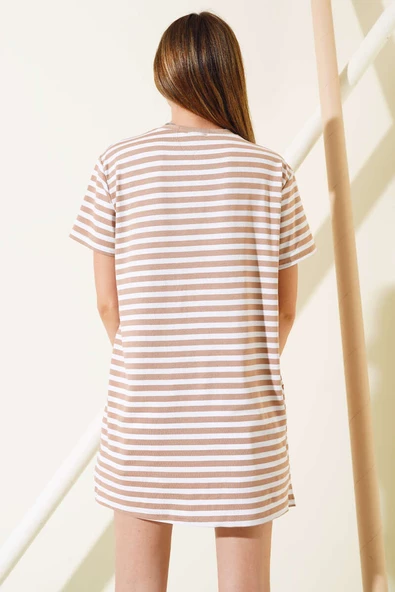 Çizgili Viskon Salaş T-shirt Latte - 3