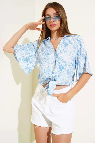 Desenli Önü Bağlamalı Gömlek Mavi - 2