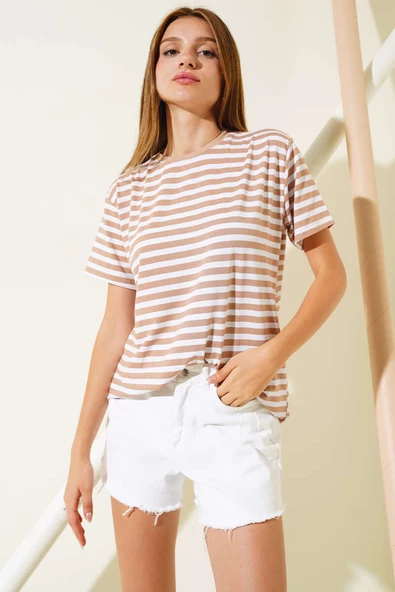 Çizgili Viskon Salaş T-shirt Latte - 2