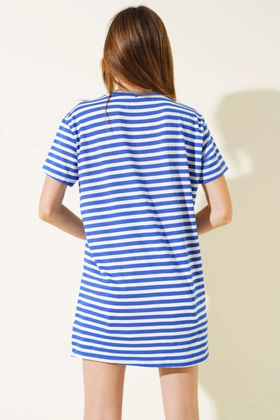 Çizgili Viskon Salaş T-shirt Saks - 3