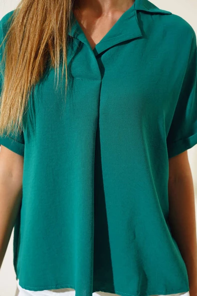 Kruvaze Yaka Kısa Kol Bluz Benetton - Resim 4