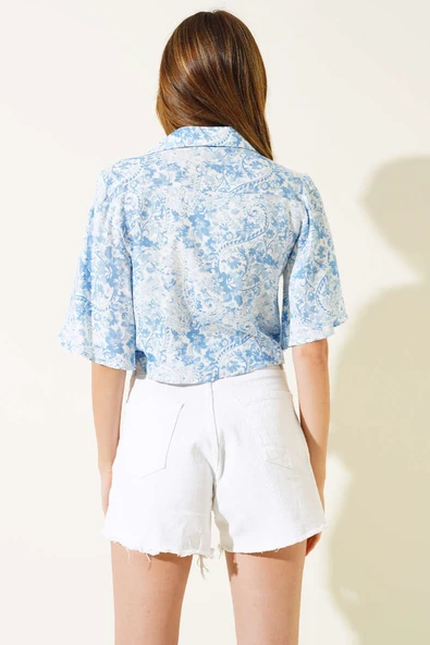 Desenli Önü Bağlamalı Gömlek Mavi - 3