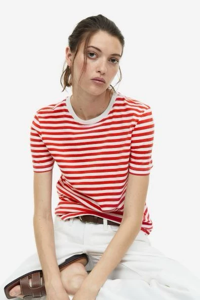 H&M Beyaz-Kırmızı Çizgili Tshirt