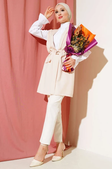 Sahte Cepli Tünelli Yelek Bej - Resim 2